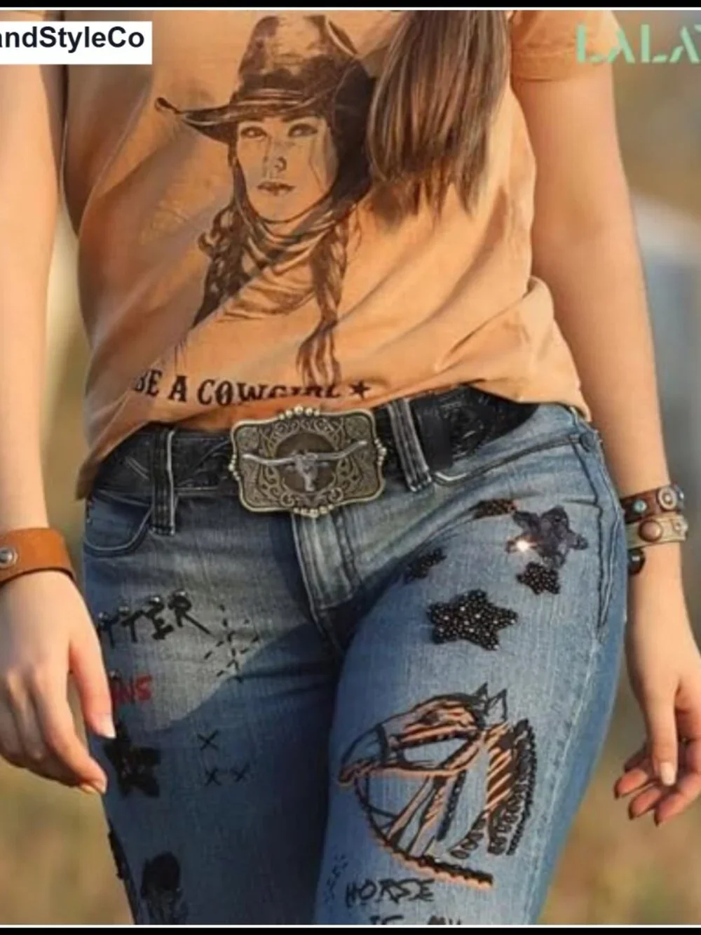 Cowboy Western Embossed Leather Belt with Longhorn Buckle
